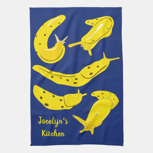 Banana Slugs Yellow and Royal Blue Personalize Kitchen Towel (Vertical)