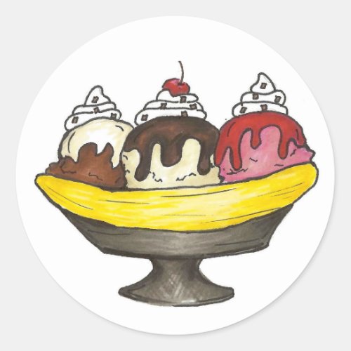 Banana Split Ice Cream Sundae Dessert Foodie Classic Round Sticker