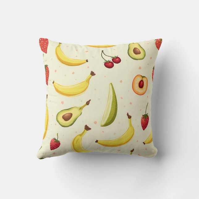 Banana, strawberry, cherry, peach, avocado pattern throw pillow (Back)