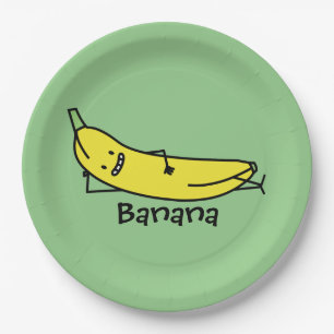 Banana that's smiling, laying down and relaxing paper plates