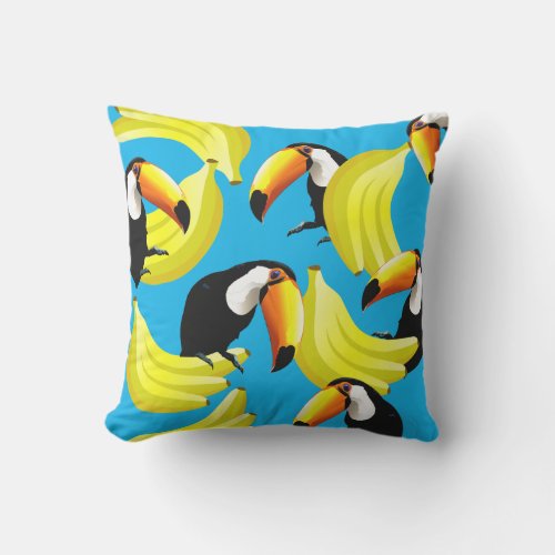 Banana Toucan Pattern Tropical Bird Blue  Yellow Outdoor Pillow