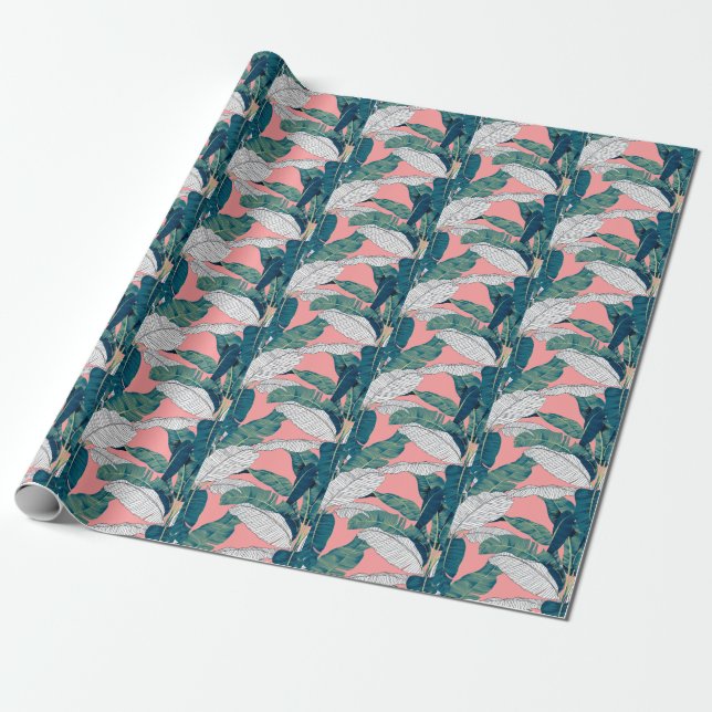 Banana Tree Botanical: Bright Red Seamless Wrapping Paper (Unrolled)