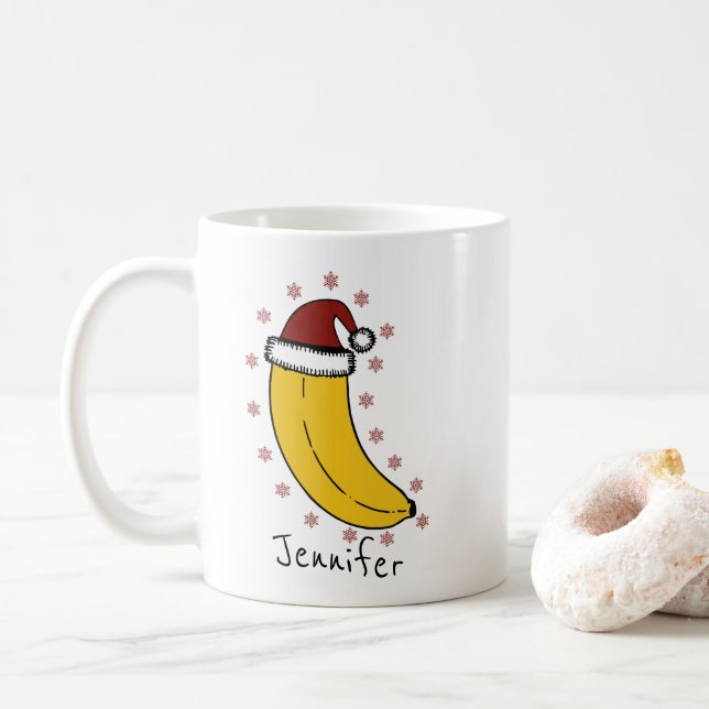 Banana with Christmas hat Personalized Name  Coffee Mug (With Donut)