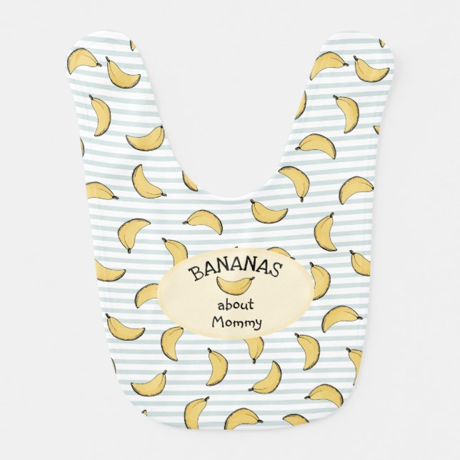 Bananas about Mommy Baby Blue and White Stripes Baby Bib (Front)