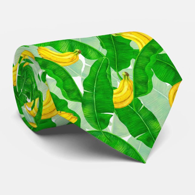 Bananas and leaves watercolor design neck tie (Rolled)