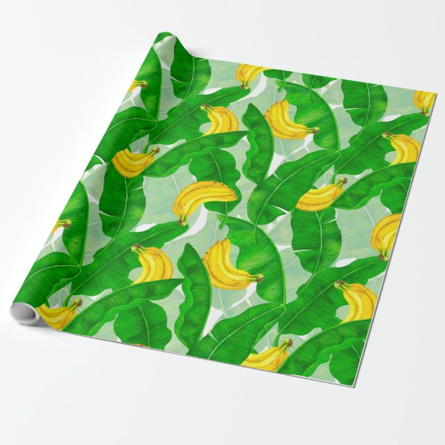 Bananas and leaves watercolor design wrapping paper (Unrolled)