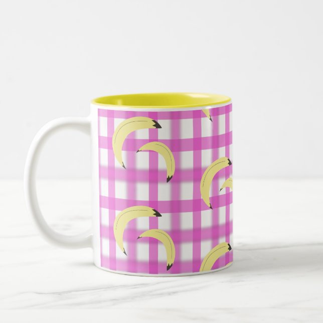 Bananas and Pink Plaid Pattern Two-Tone Coffee Mug (Left)