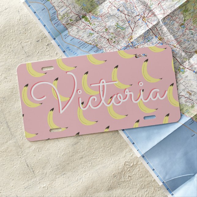 Bananas Pattern Script Name Pink License Plate (In Situ)