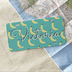 Bananas Pattern Script Name Teal License Plate