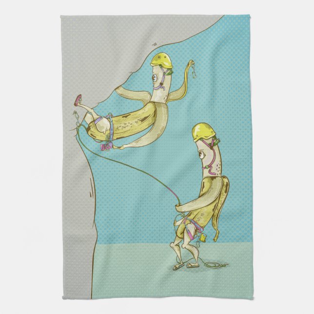 Bananas rock climbing funny fruit kitchen towel (Vertical)
