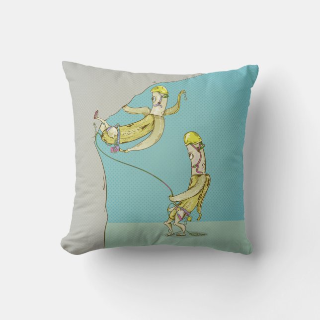 Bananas rock climbing funny fruit throw pillow (Front)