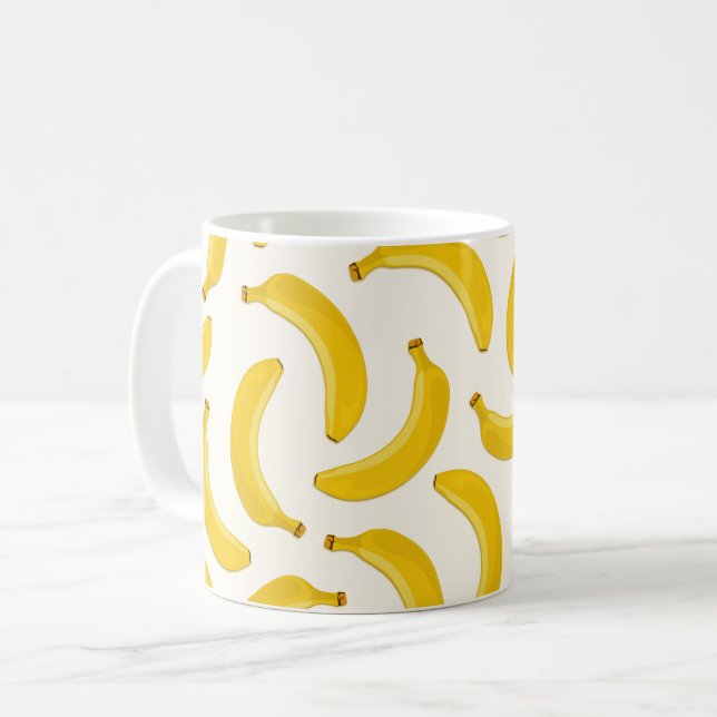 Bananas Tropical Fruit Print, Yellow and White Coffee Mug (Front Left)