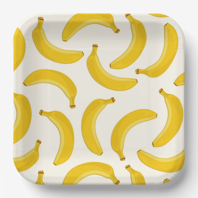 Bananas Tropical Fruit Print, Yellow and White Paper Plates (Front)