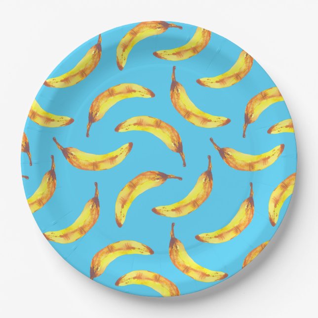 Bananas Watercolor Pattern Paper Plates (Front)
