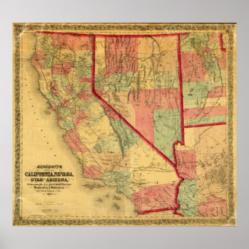 Bancrofts Map Of California Nevada Utah Poster