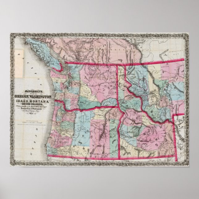 Bancroft's Map Of Oregon, Washington, Idaho Poster (Front)
