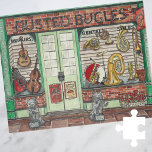 Band Instruments Music Shop Watercolor Jigsaw Puzzle<br><div class="desc">Busted Bugles Instrument Music Shop Storefront jigsaw puzzle - This original artwork features a cute music store full of brass instruments, guitars, and guarded by two jazzy fox statues. Inspired by old town shops, this puzzle is a watercolor painting created for the June page in a Seasonal Storefronts calendar I...</div>