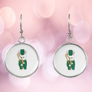 Band Musician Bunny with Trombone Green Gold Earrings