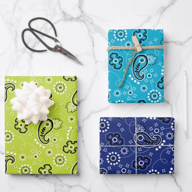 Bandana Blue Green Mod Adventure Boys Fun Wrapping Paper Sheets (Front)