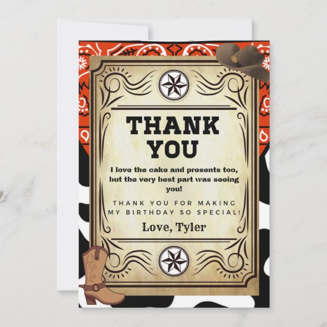 Bandana Cowboy Birthday Party Thank You Card (Front)