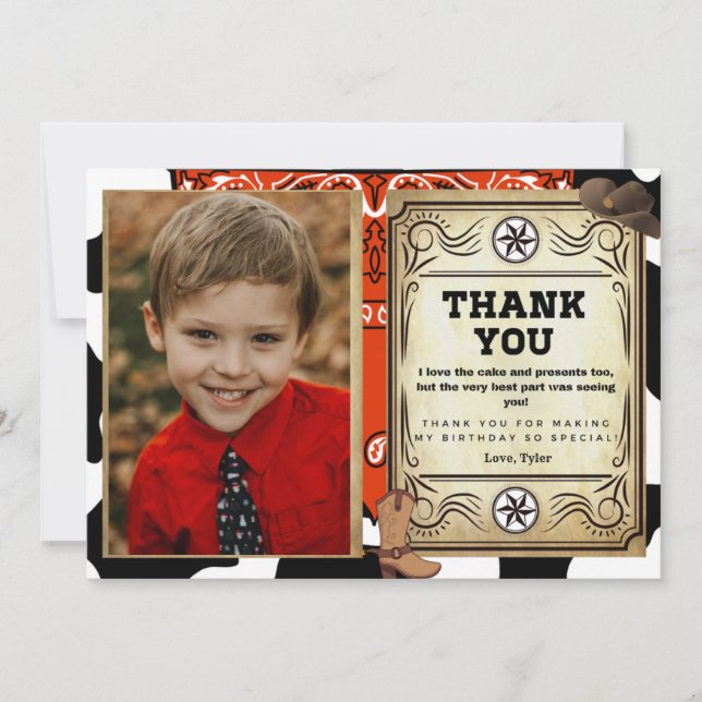 Bandana Cowboy Birthday Photo Thank You Card (Front)