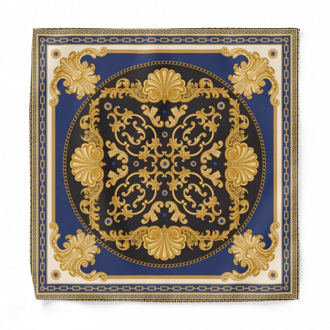 Bandana Print: Black Blue Gold. (Front)