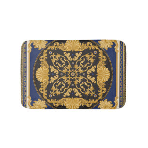 Bandana Print: Black Blue Gold. Bath Mat