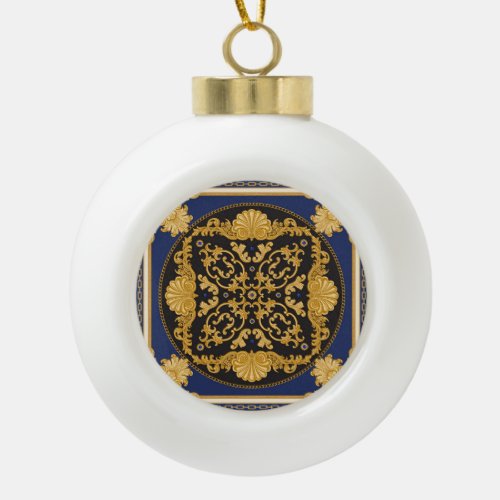 Bandana Print Black Blue Gold Ceramic Ball Christmas Ornament