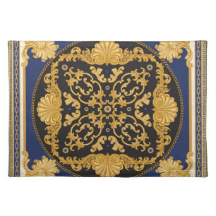 Bandana Print: Black Blue Gold. Cloth Placemat