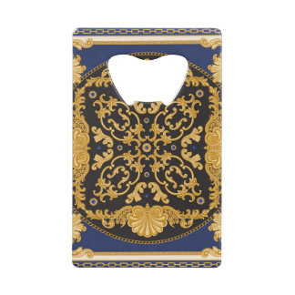 Bandana Print: Black Blue Gold. Credit Card Bottle Opener