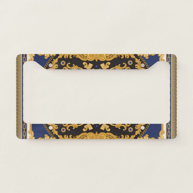 Bandana Print: Black Blue Gold. License Plate Frame (Front)
