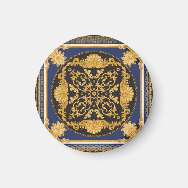 Bandana Print: Black Blue Gold. Magnet (Front)