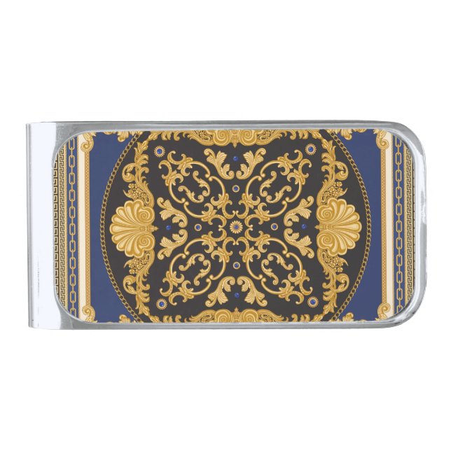 Bandana Print: Black Blue Gold. Silver Finish Money Clip (Front)