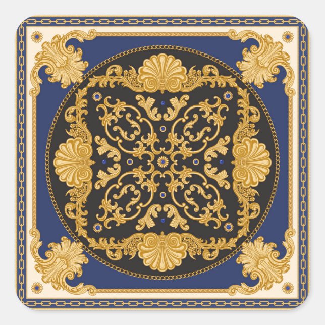 Bandana Print: Black Blue Gold. Square Sticker (Front)