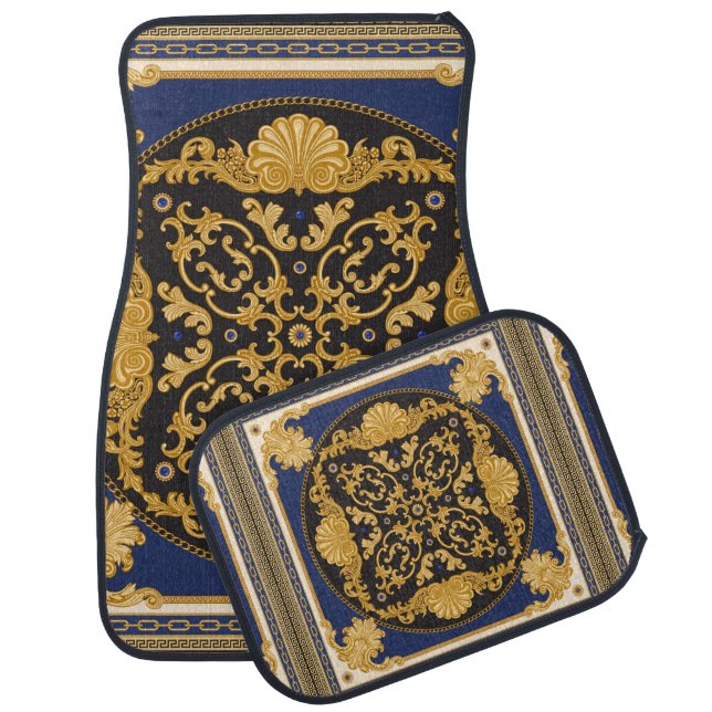 Bandana print on black and blue background, Gold c Car Floor Mat (Set)