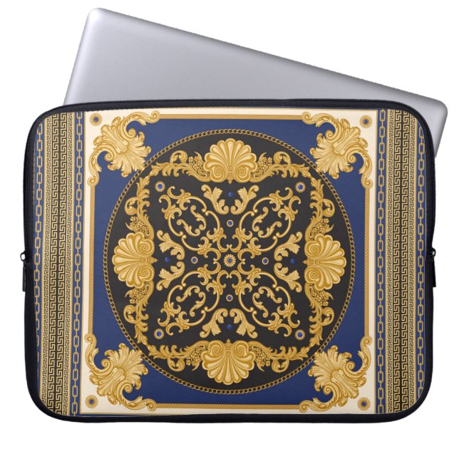 Bandana print on black and blue background, Gold c Laptop Sleeve (Front)
