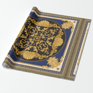 Bandana print on black and blue background, Gold c Wrapping Paper