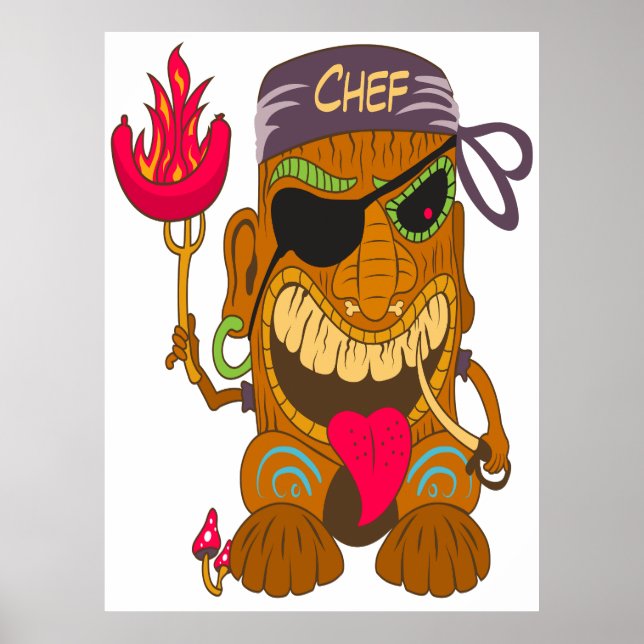 Bandana Tiki Chef with Burning Sausage, Funny Poster (Front)