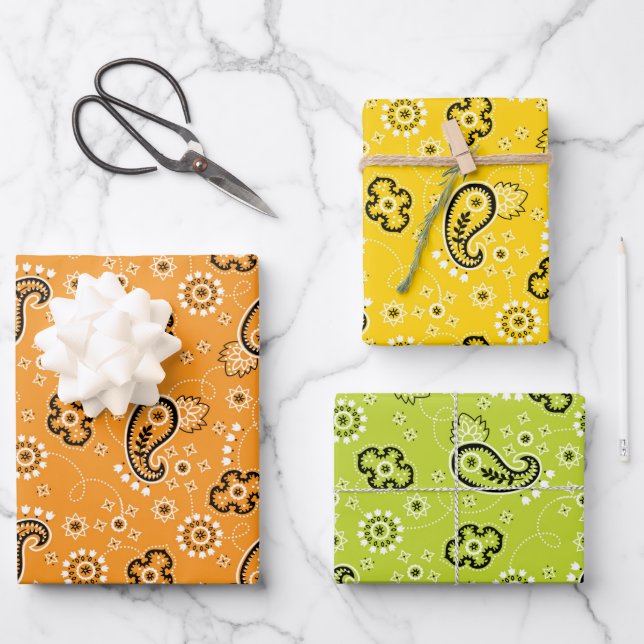 Bandana Yellow Orange Green Modern Classic Fun Wrapping Paper Sheets (Front)