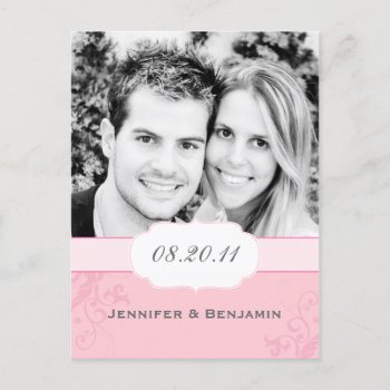 Banded Swirls Pink Save The Date Photo Postcard by spinsugar at Zazzle