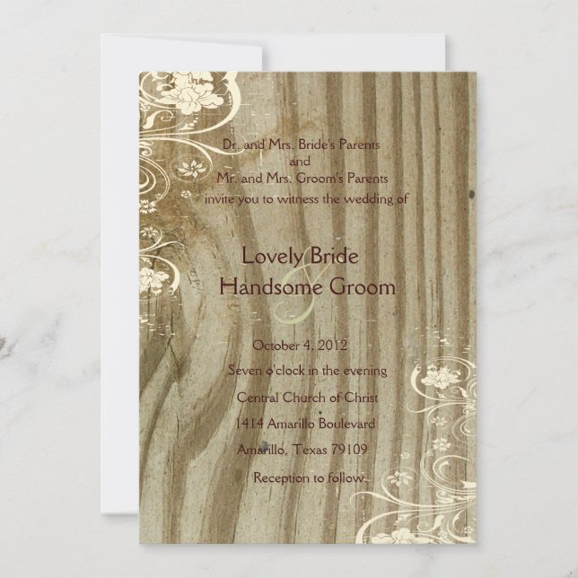 Banded Wood Shabby Lace Gold Tint Wedding Invite (Front)