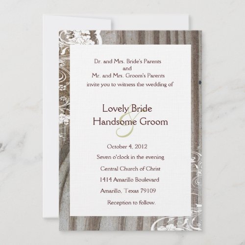 Banded Wood Shabby Lace Wedding Invitation, White
