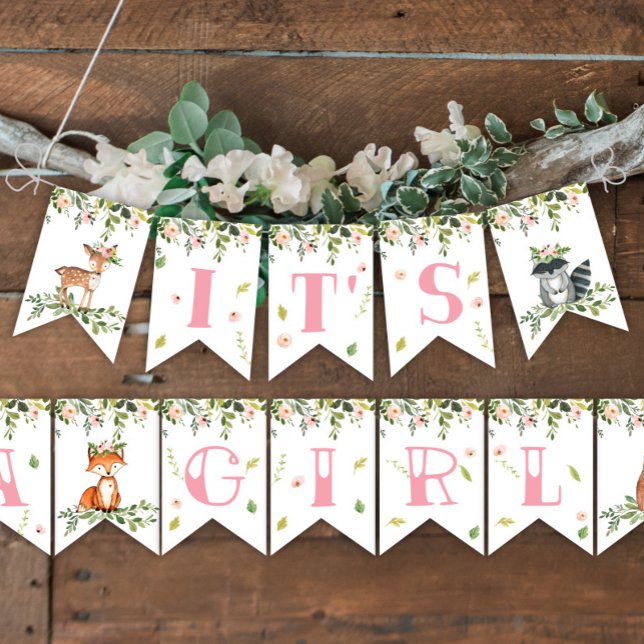 Banderines Cartel: It's a Wood Baby Shower Girl Bunting Flags (IT'S A GIRL WOODLAND BANNER)