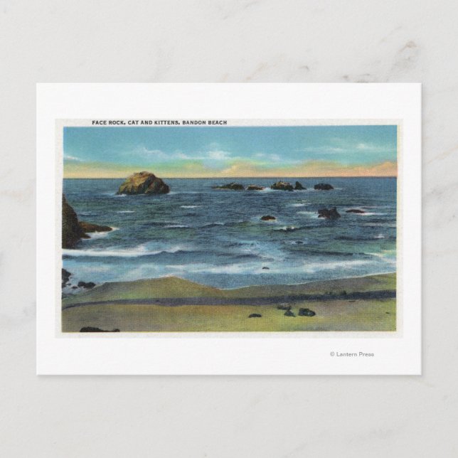 Bandon Beach View of Face Rock, Cat and Kittens Postcard (Front)