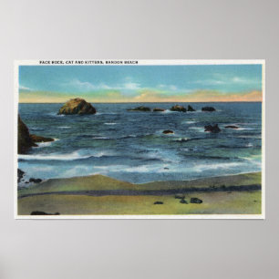 Bandon Beach View of Face Rock, Cat and Kittens Poster