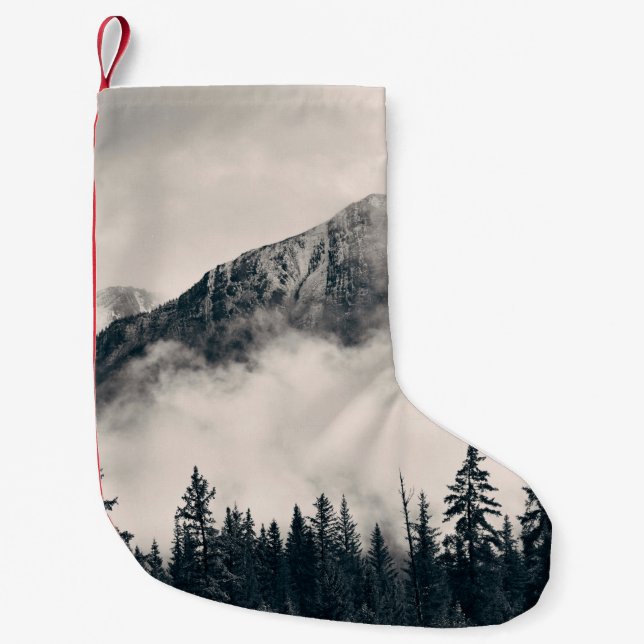Banff national park foggy mountains and forest in  small christmas stocking (Front)