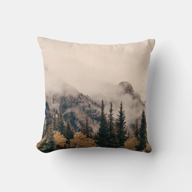 Banff national park foggy mountains and forest in  throw pillow (Front)