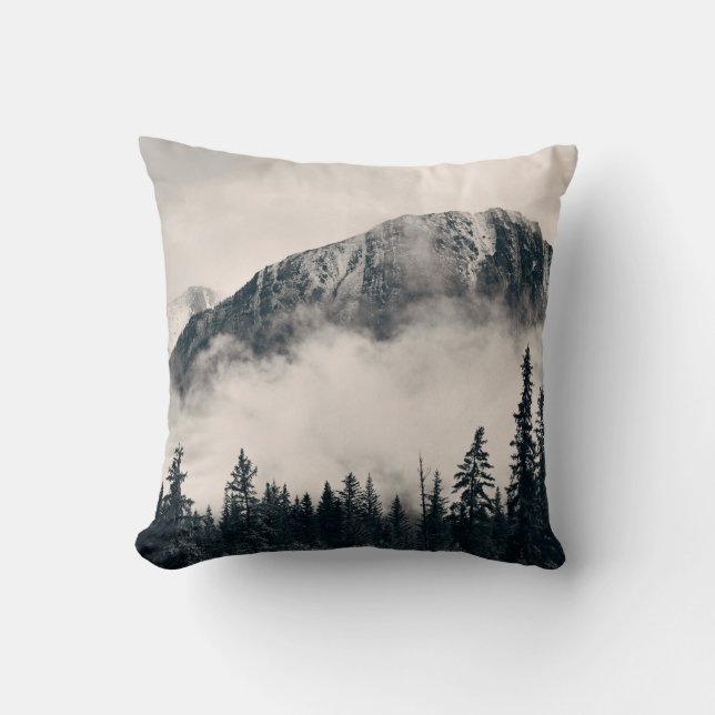 Banff national park foggy mountains and forest in  throw pillow (Front)