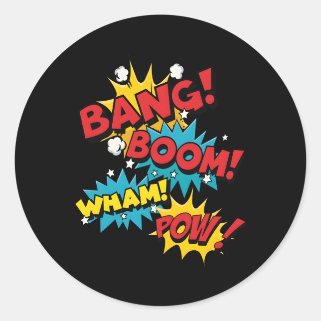 Bang Boom Pow Wham Comic Bubbles Classic Round Sticker (Front)