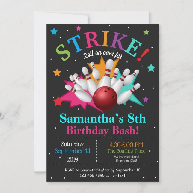 Bang Bowling Pin Birthday Personalize RSVP Invitation (Front)